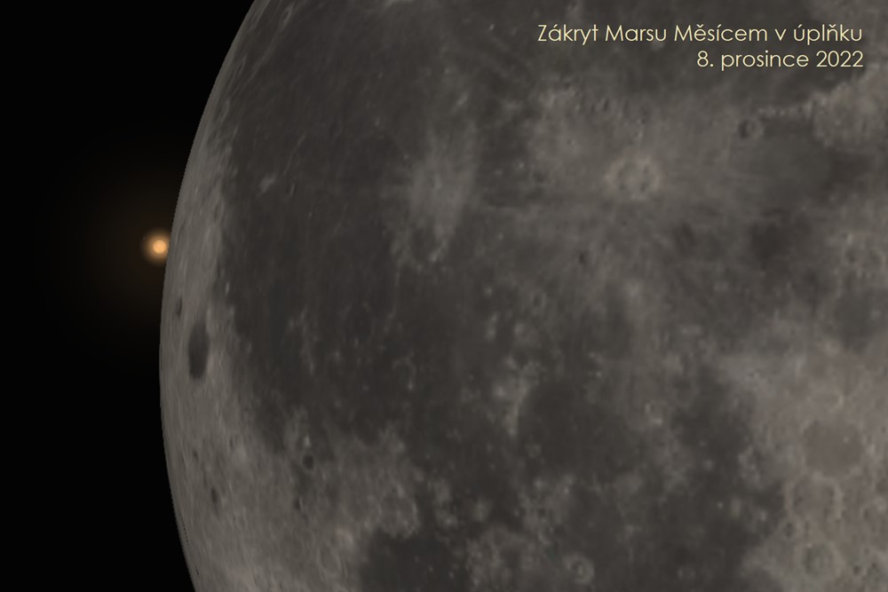 Jak bude vypadat zákryt Marsu Měsícem 8. prosince 2022 - Mars 8. prosince těsně před tím, než bude zakryt Měsícem v úplňku. Vzhledem k úhlovému rozměru planety bude vstup trvat okolo půl minuty. 