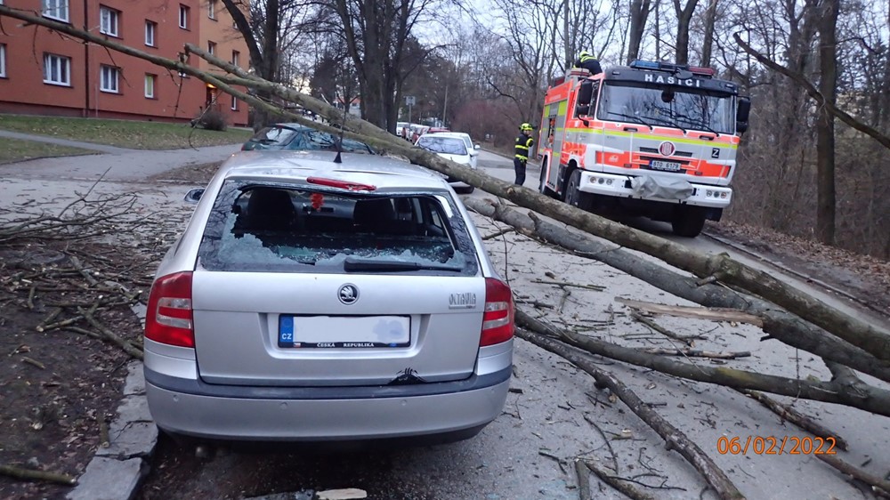 Pád stromu na osobní automobil Škoda Octavia.