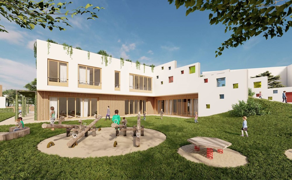 Ekologická školka nabídne speciálně upravenou zelenou střechu přecházející volně do zahrady, novou kuchyň i komunitní ekocentrum. 