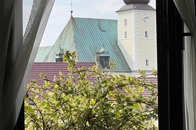 Dvoulůžkový pokoj s oddělenými postelemi s výhledem na město